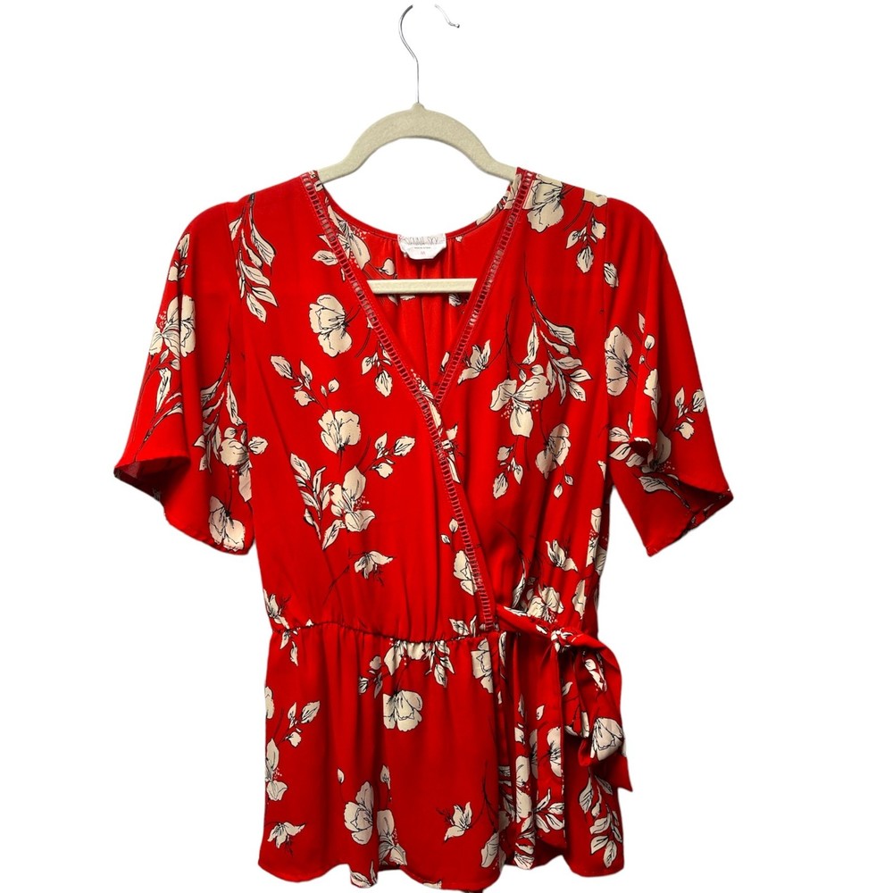 Sienna Sky women's short sleeves bow blouse red with white flowers size medium